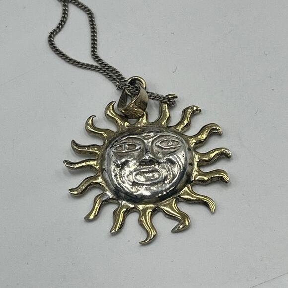 Mexico Vintage Handmade Sterling and Gold Sun Face Two Tone Pendant Necklace - Picture 11 of 13